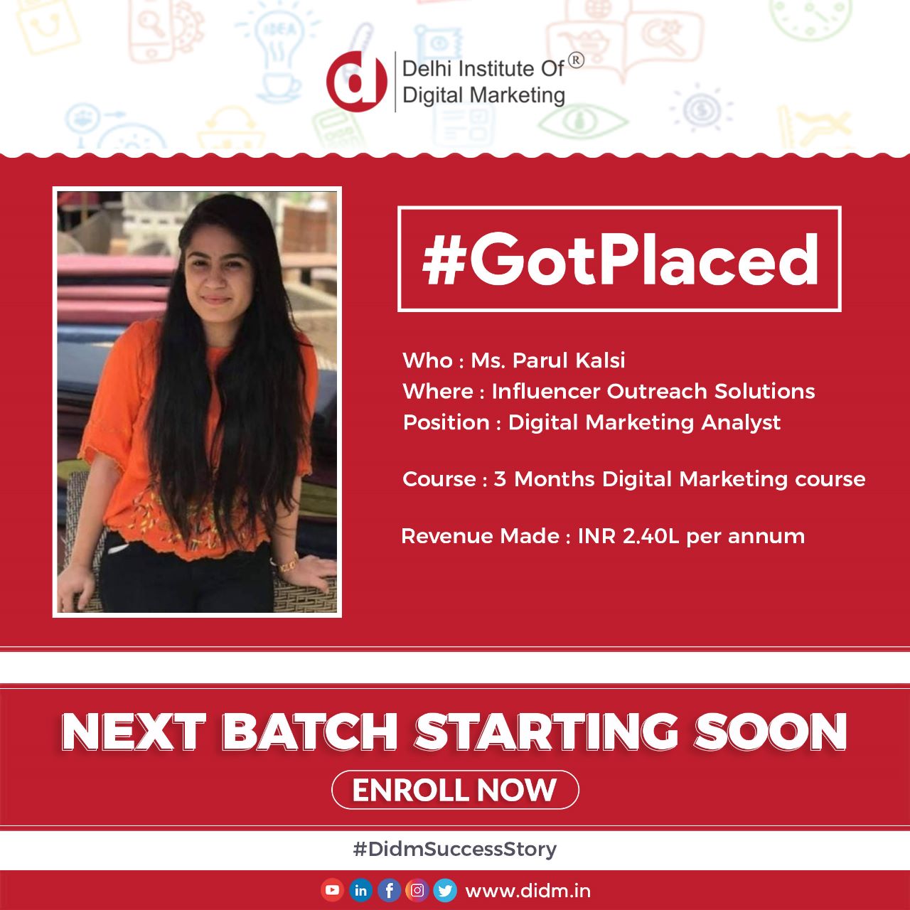 DIDM Student Ms. Parul Kalsi Got Placed in Digital Marketing Analysis