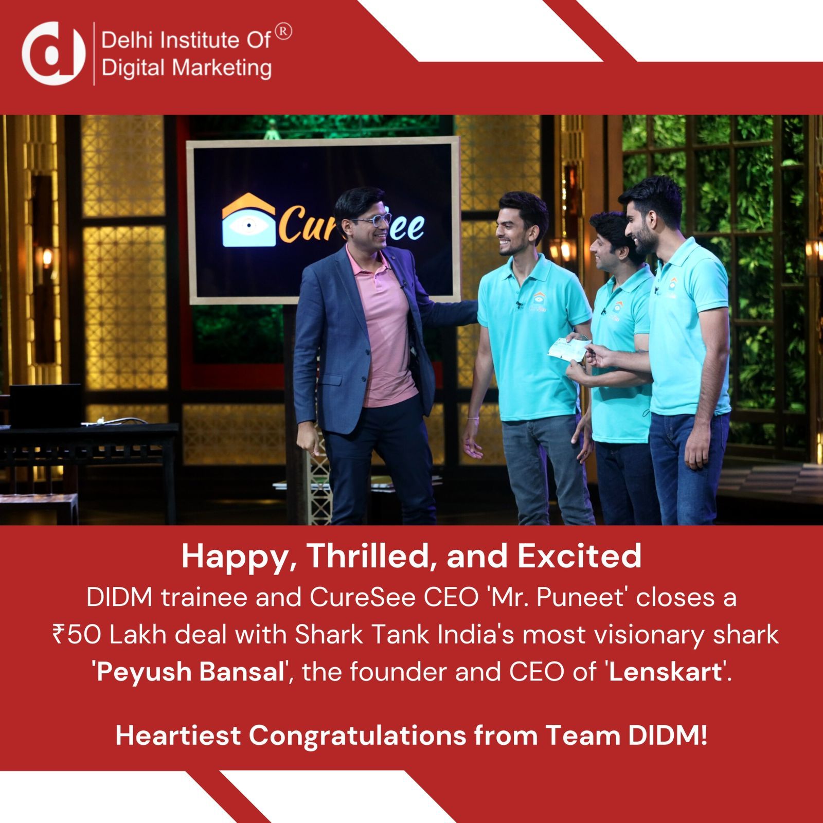 DIDM trainee closes a ₹50 Lakh deal with Shark Tank India’s most visionary shark 'Peyush Bansal